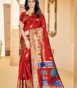 Red hand woven banarasi silk saree with blouse