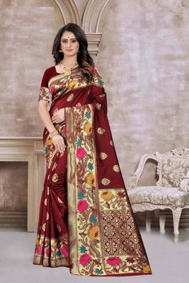 Maroon hand woven banarasi silk saree with blouse 1