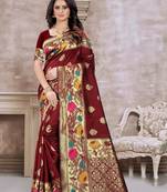 Maroon hand woven banarasi silk saree with blouse