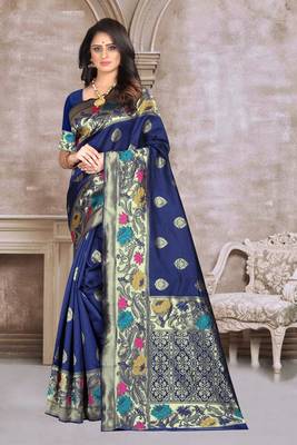 Navy blue hand woven banarasi silk saree with blouse 1