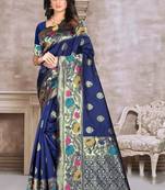 Navy blue hand woven banarasi silk saree with blouse