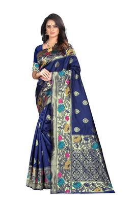 Navy blue hand woven banarasi silk saree with blouse 2