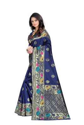 Navy blue hand woven banarasi silk saree with blouse 3