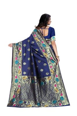 Navy blue hand woven banarasi silk saree with blouse 4