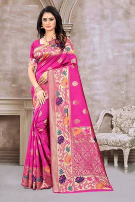 Pink hand woven banarasi silk saree with blouse 1