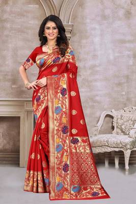Red hand woven banarasi silk saree with blouse 1