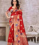 Red hand woven banarasi silk saree with blouse