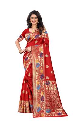 Red hand woven banarasi silk saree with blouse 2
