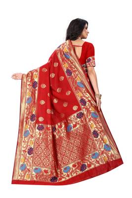 Red hand woven banarasi silk saree with blouse 4