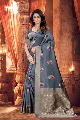 Grey hand woven banarasi silk saree with blouse 1