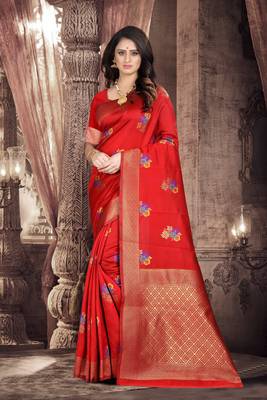 Red hand woven banarasi silk saree with blouse 1