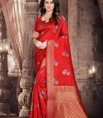 Red hand woven banarasi silk saree with blouse