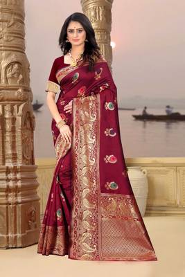 Maroon hand woven banarasi silk saree with blouse 1
