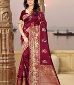 Maroon hand woven banarasi silk saree with blouse