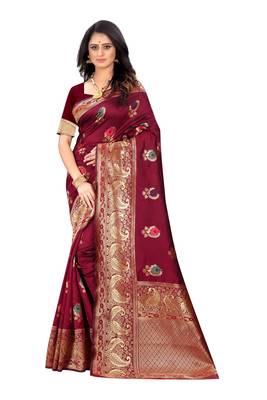 Maroon hand woven banarasi silk saree with blouse 2