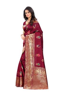 Maroon hand woven banarasi silk saree with blouse 3