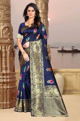 Navy blue hand woven banarasi silk saree with blouse 1