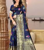 Navy blue hand woven banarasi silk saree with blouse