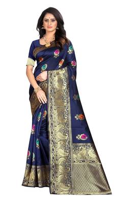 Navy blue hand woven banarasi silk saree with blouse 2