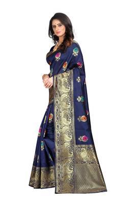 Navy blue hand woven banarasi silk saree with blouse 3