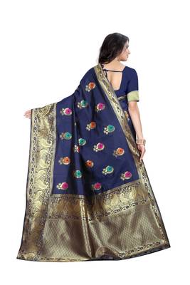 Navy blue hand woven banarasi silk saree with blouse 4