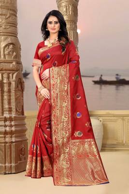 Red hand woven banarasi silk saree with blouse 1