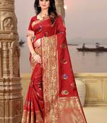 Red hand woven banarasi silk saree with blouse