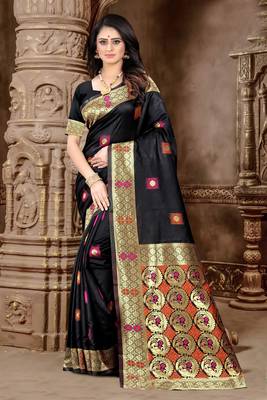 Black hand woven banarasi silk saree with blouse 1