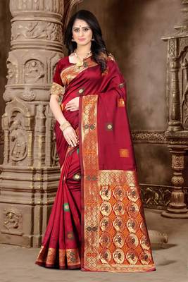 Maroon hand woven banarasi silk saree with blouse 1