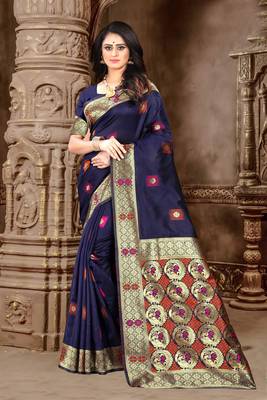 Navy blue hand woven banarasi silk saree with blouse 1