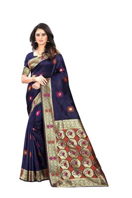Navy blue hand woven banarasi silk saree with blouse 2