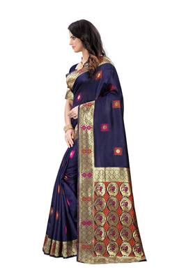 Navy blue hand woven banarasi silk saree with blouse 3