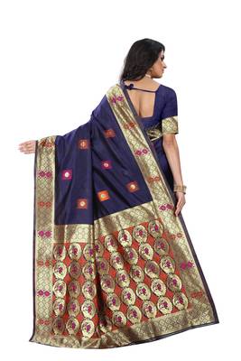 Navy blue hand woven banarasi silk saree with blouse 4