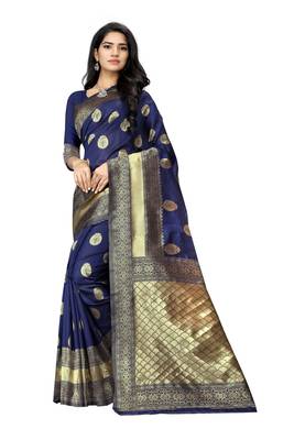 Navy blue hand woven banarasi silk saree with blouse 1