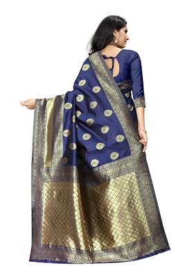 Navy blue hand woven banarasi silk saree with blouse 3