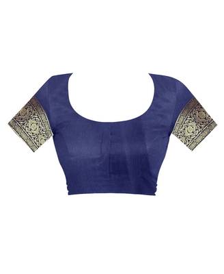 Navy blue hand woven banarasi silk saree with blouse 4