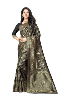 Black hand woven banarasi silk saree with blouse 1