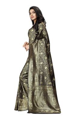 Black hand woven banarasi silk saree with blouse 2