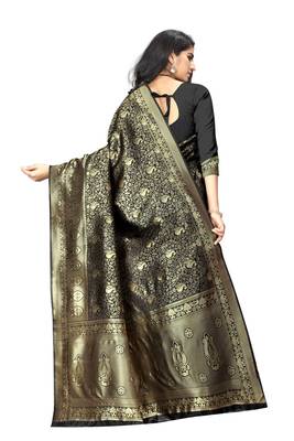 Black hand woven banarasi silk saree with blouse 3