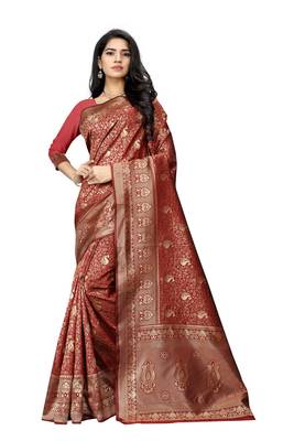 Maroon hand woven banarasi silk saree with blouse 1