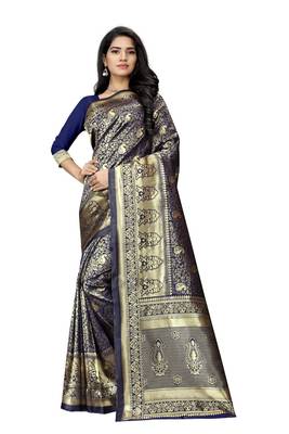 Navy blue hand woven banarasi silk saree with blouse 1