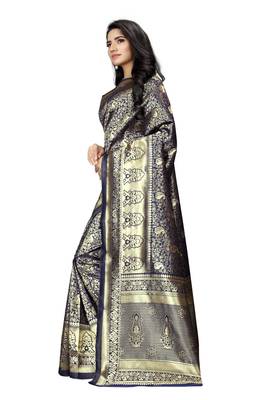 Navy blue hand woven banarasi silk saree with blouse 2