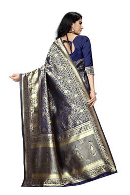 Navy blue hand woven banarasi silk saree with blouse 3