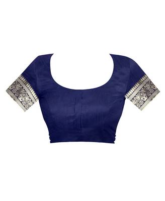 Navy blue hand woven banarasi silk saree with blouse 5