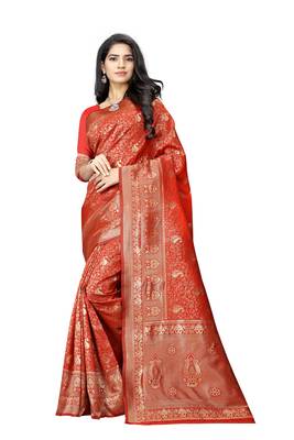 Red hand woven banarasi silk saree with blouse 1
