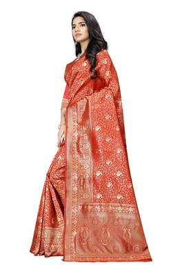 Red hand woven banarasi silk saree with blouse 2