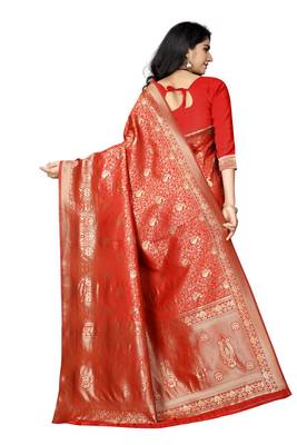 Red hand woven banarasi silk saree with blouse 3