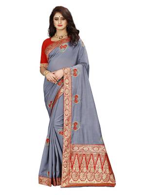 Grey hand woven banarasi silk saree with blouse 1