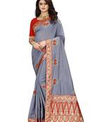 Grey hand woven banarasi silk saree with blouse