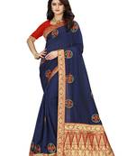 Navy blue hand woven banarasi silk saree with blouse